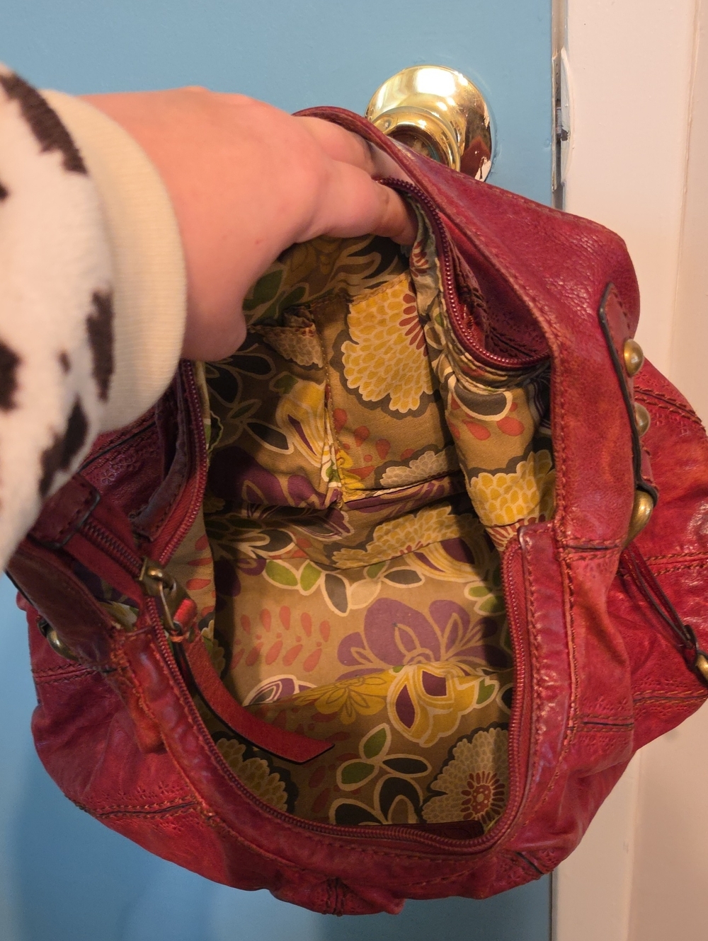 Fossil Red Leather Hobo Style Bag with Brass Accents - Picture 3 of 3